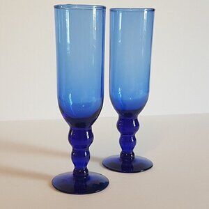 Cobalt Blue Hand Blown Champagne Glasses, Set of 2 Tall Wine Glasses, 8oz